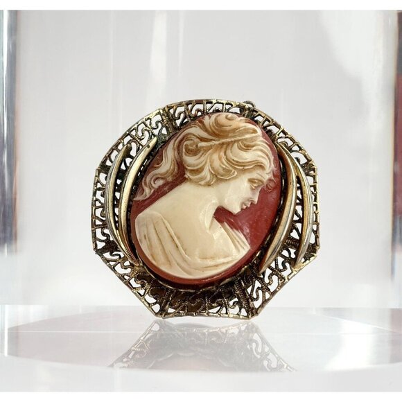 XL Dark Gold Toned Oval Carved Faux Cameo Vintage Pendant Bypass Frame - Picture 1 of 10